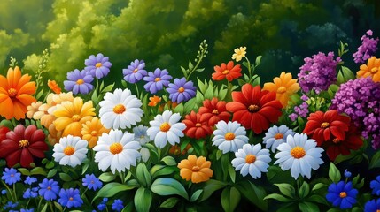 Obraz premium A vibrant collection of blooming flowers in various colors, creating a lively and cheerful atmosphere. Ideal for representing nature's beauty and promoting positivity.
