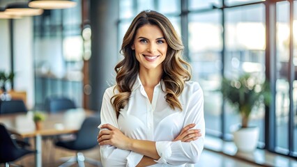 Confident Businesswoman in Modern Office with Warm Smile