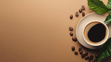 Obraz premium Coffee cup surrounded by coffee beans and leaves on a simple background