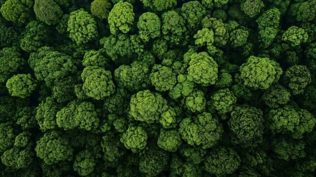 Aerial view of lush, dense green forest with thick tree canopy forming a textured landscape pattern resembling broccoli florets from above.