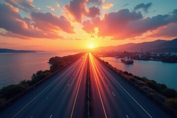 Obraz premium Empty highway stretches towards sunset, harbor containers glow , shipping, empty, industrial
