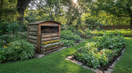 Fototapeta premium A lush garden scene featuring a wooden compost bin and vibrant vegetable beds under soft sunlight.