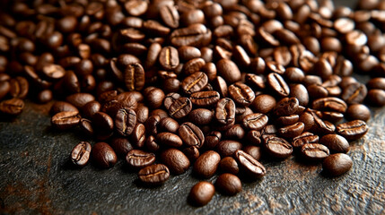 Naklejka premium Freshly roasted coffee beans scattered on a dark surface
