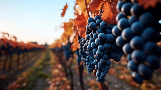 Close-up of ripe purple grape clusters hanging on vines in a vineyard during autumn, featuring golden orange leaves and a warm sunset light in the distance across rows of grapevines.
