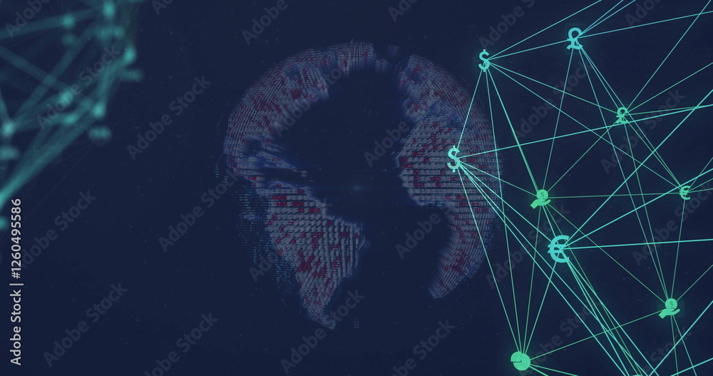 Wall mural image of network of connections with icons on dark background