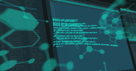 Image of molecules with digital brain over data processing on black background