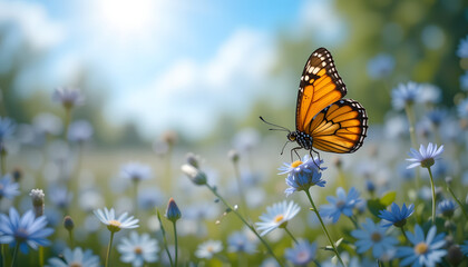 Obraz premium Orange butterfly on blue wildflowers