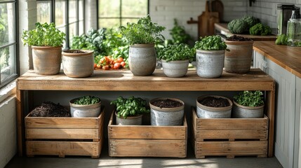 Lush herbs and vegetables in rustic pots on a wooden table in a bright, inviting kitchen.