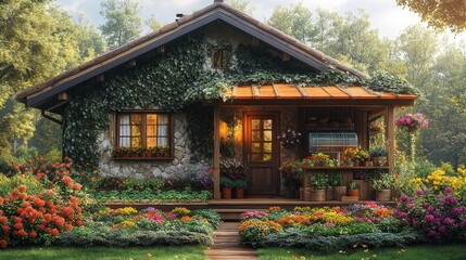 Charming cottage with vibrant flowers and lush greenery, surrounded by nature's beauty.