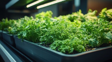 Lush green lettuce growing under artificial lights in a modern indoor farming setup.