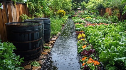 Lush garden path with vibrant flowers, greenery, and rainwater collecting in barrels.