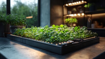 Lush green seedlings growing indoors under soft lighting in a modern setting.