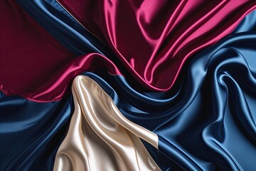 Fototapeta premium Bold Flag Composition Showcasing Ruby, Ivory, and Midnight Blue Tones with Silky Fabric Dancing in the Breeze