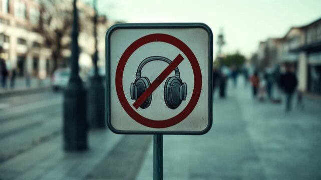 Sign prohibiting the use of headphones in a public urban street setting with blurred background of buildings and pedestrians.