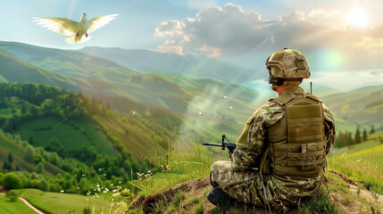 Soldier lowering rifle with white dove flying overhead, symbolizing peace and end of conflict in serene natural landscape. Concept of harmony and resolution.