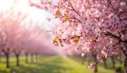 Obraz premium Pink blossom orchard in sunlight