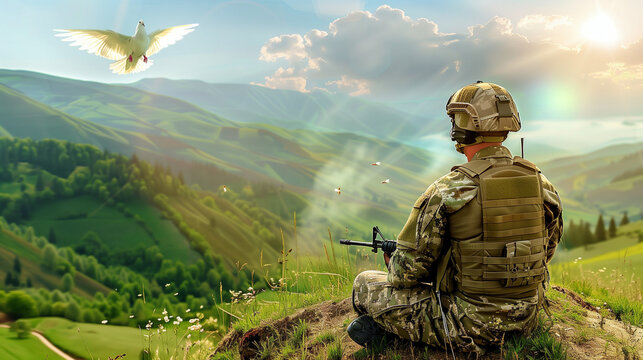 Soldier lowering rifle with white dove flying overhead, symbolizing peace and end of conflict in serene natural landscape. Concept of harmony and resolution.
