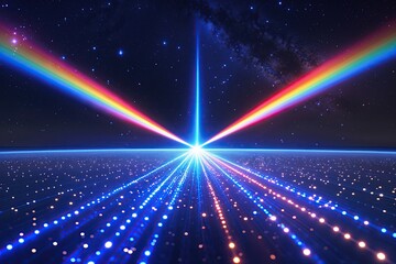 Naklejka premium An Elegant Blue Laser Beam Over a Star-Studded Horizon with Rainbow and Sleek Optics