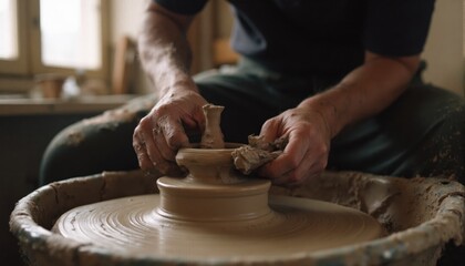 Close-up of a potter’s hands shaping wet clay on a spinning wheel, focusing on the craftsmanship and artistry involved in traditional pottery making.