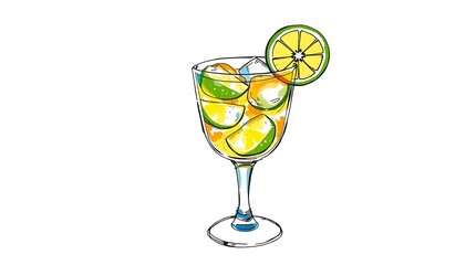 Cocktail with lime and ice in a glass