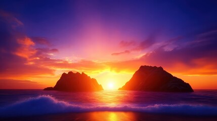 A stunning sunset casts vibrant colors over two rocky islands, illuminating the sky and reflecting on the tranquil ocean waves, creating a beautiful natural landscape at dusk.