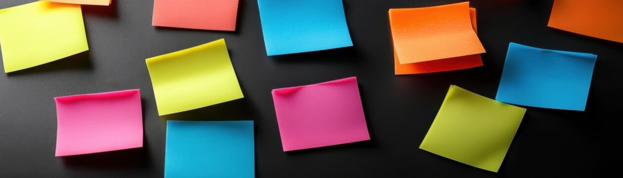 A vibrant collection of colorful sticky notes scattered on a dark surface, perfect for brainstorming and organizing ideas.