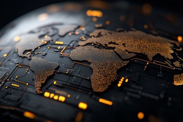 Digital circuitry earth map with illuminated continents on a dark surface