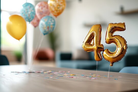 Golden 45th birthday celebration balloons on wooden table with colorful confetti