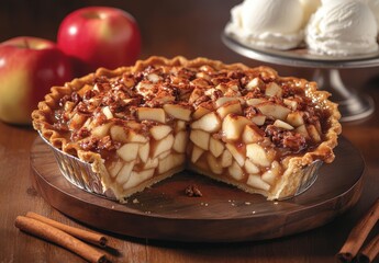 Freshly Baked Apple Pie with Cinnamon, Slices of Apples, Nutty Crust, and Ice Cream Serving on a Wooden Table with Red Apples in Background