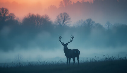 Obraz premium Red deer in misty dawn