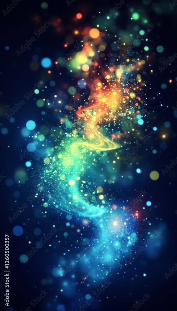 Wall mural abstract swirling light wave on black background with glowing bokeh particle effects, digital art.