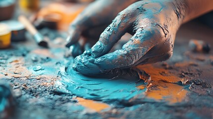 Person shaping blue and orange clay art piece in creative studio environment with colorful materials
