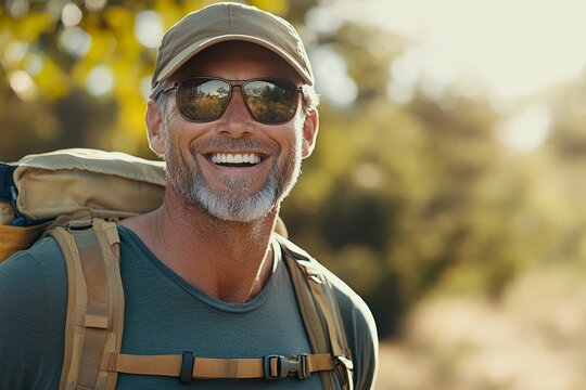 Smiling caucasian mature male hiker with backpack in outdoor adventure setting - Powered by Adobe