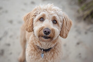 Curly-haired dog with soft ears and brown eyes on sandy beach background