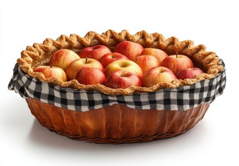 Freshly Baked Apple Pie with Glossy Red Apples in Golden Brown Crust and Black and White Checkered Fabric Lining on Isolated White Background