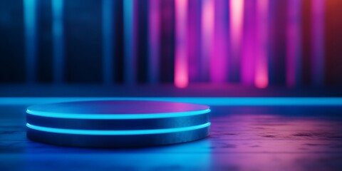 Neon blue stage, product display, vibrant background, futuristic setting