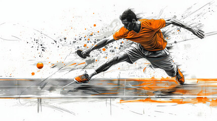 Playing table tennis. Grey and orange illustration depicts man table tennis player in dynamic action. Pencil sketch captures movement on white background. Copy space.