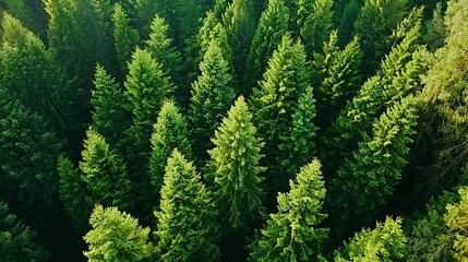 Fototapeta premium reforestation seedlings, evergreen. Aerial view of lush green coniferous trees forming a dense forest, showcasing nature's beauty and rich biodiversity.
