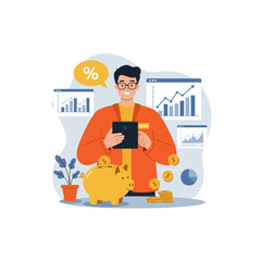 Man Managing Finances on Tablet with Piggy Bank and Growth Charts