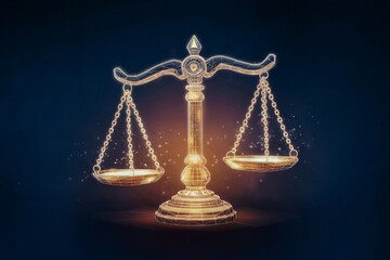 A 3D-rendered digital image of glowing scales of justice against