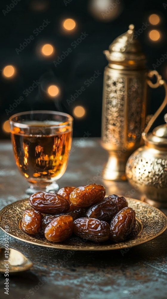 Poster delight in the rich flavors of ramadan dates served with fragrant tea, beautifully displayed on an o
