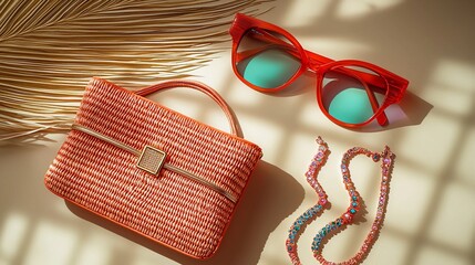 Stylish coral handbag with summer sunglasses and a colorful necklace on a sunlit surface