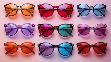 Colorful collection of stylish sunglasses arranged on a pastel background showcasing vibrant designs