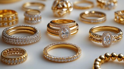 Elegant collection of gold and diamond rings arranged on a light surface in a well-lit setting for jewelry display