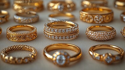 Elegant collection of gold rings with intricate designs and sparkling stones displayed on a soft background