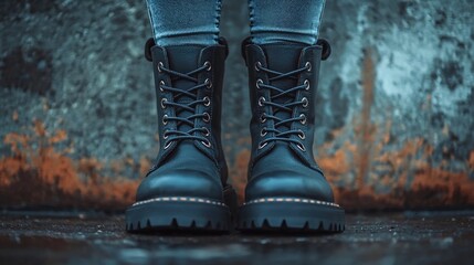 Stylish black boots on a person standing on a wet surface with an industrial backdrop during the evening