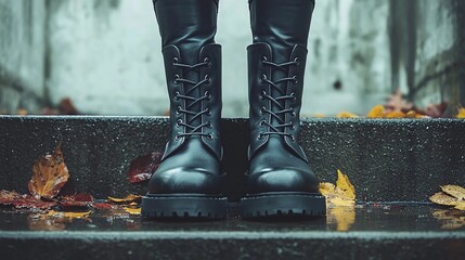 Black combat boots on wet steps surrounded by fallen autumn leaves after rainfall in a rustic urban environment
