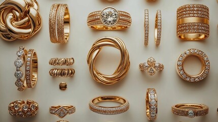 Elegant collection of gold and diamond rings displayed on a soft background in a jewelry store