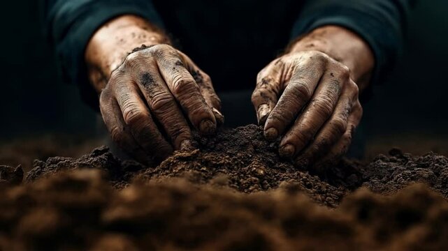 Close-up of a person's hands working with soil, emphasizing the texture of the dirt and the roughness of the hands, symbolizing hard work and connection to earth