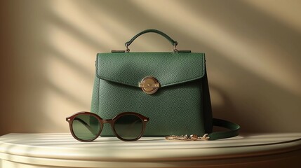 Green leather handbag and stylish sunglasses on a table with soft light casting shadows